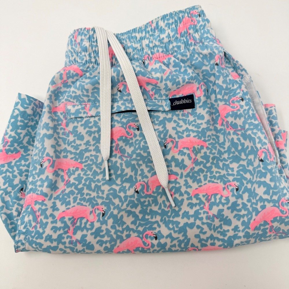 Chubbies‎ Mens Flamingo Print Swim Trunks Blue Pink 5.5" Small Shorts FLAW